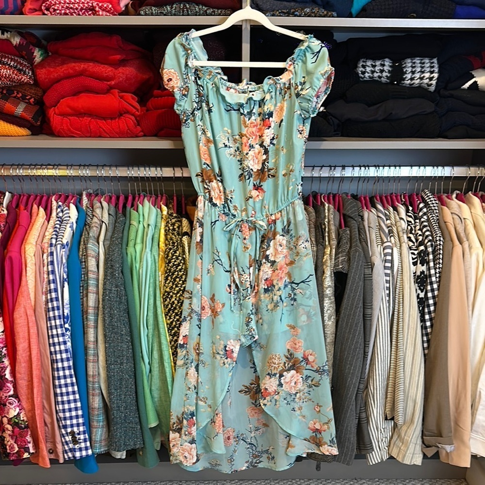 Bebop blue/orange floral cap sleeve elastic waistband dress size M